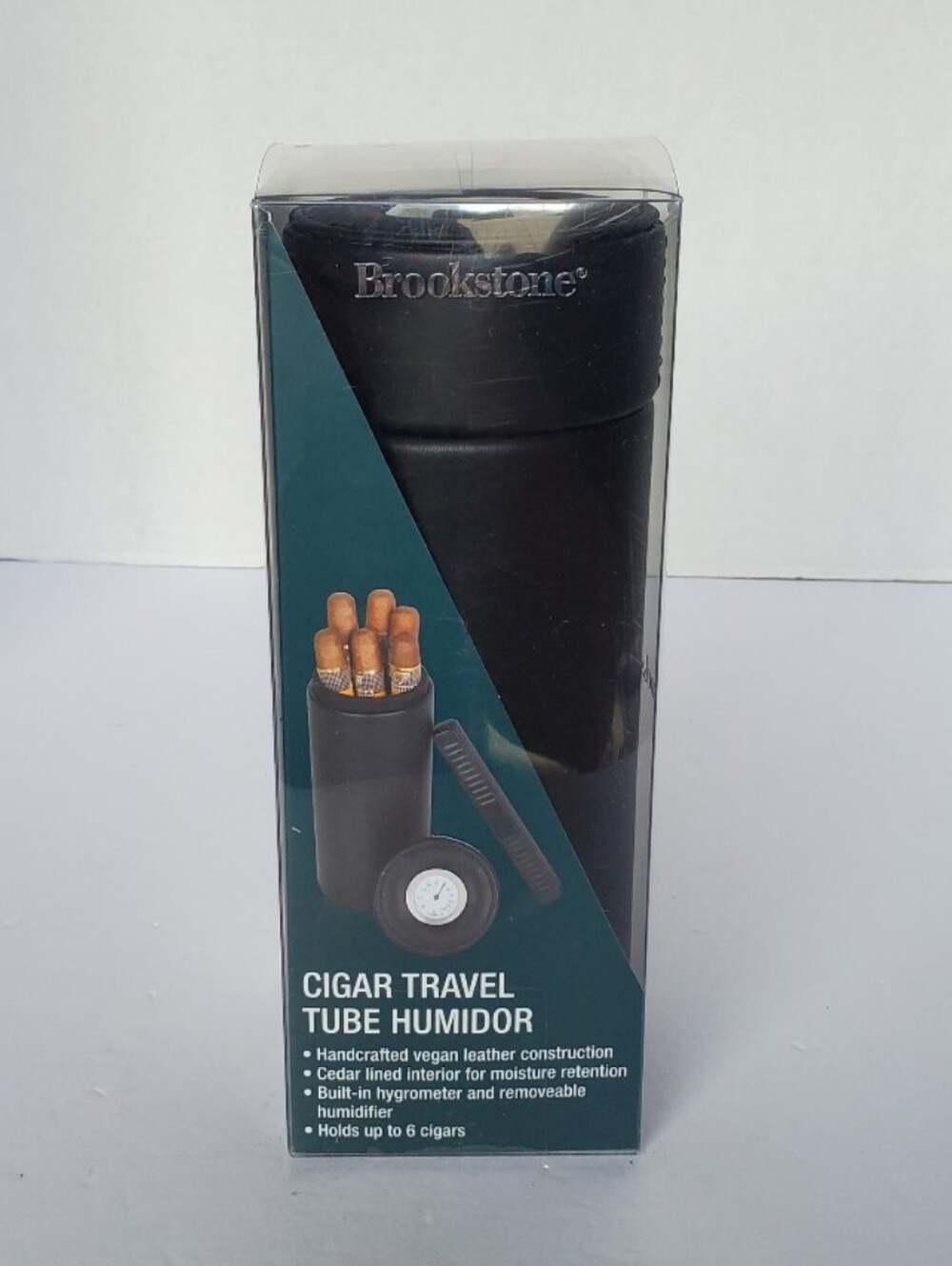 New Brookstone Black Leather Cigar Travel Tube Humidor
